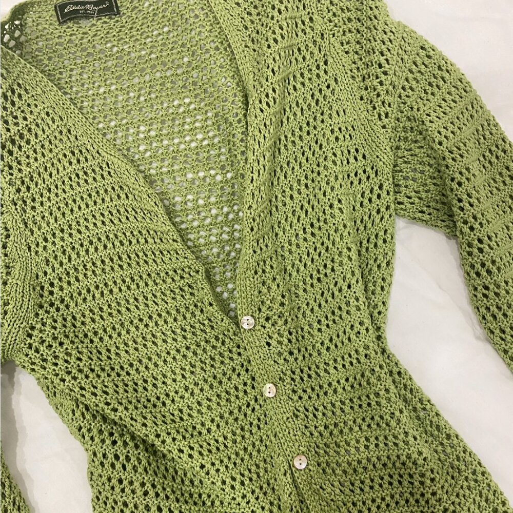 eddie bauer green crochet cardigan with opal buttons